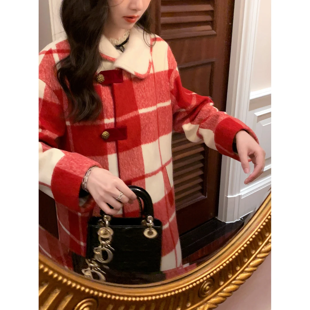 W-3716鹿阿姨卓叔叔◆复古中长款格子毛呢外套女冬季大衣高级感
