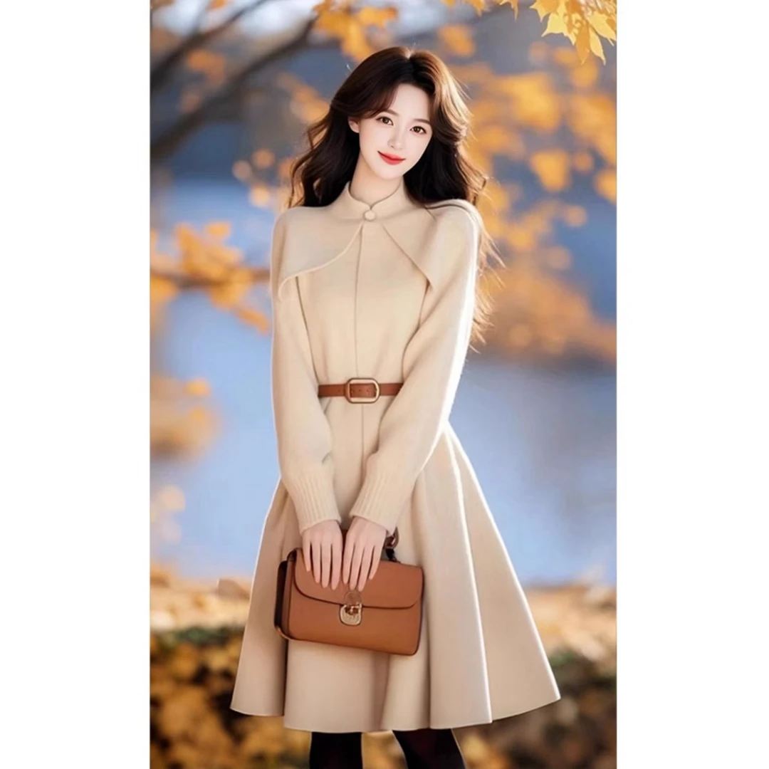 法式绝美小众不撞款收腰长裙气质高级感杏色披风针织连衣裙女秋冬