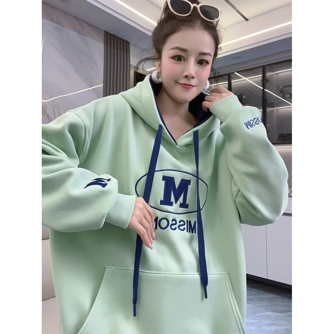 【INS字母M】婴儿绒重工刺绣连帽百搭秋冬新款中长款宽松大码卫衣