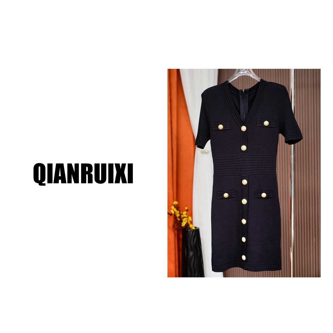 QIANRUIXI/芊瑞西新款时尚气质显瘦短袖V领女装连衣裙A01