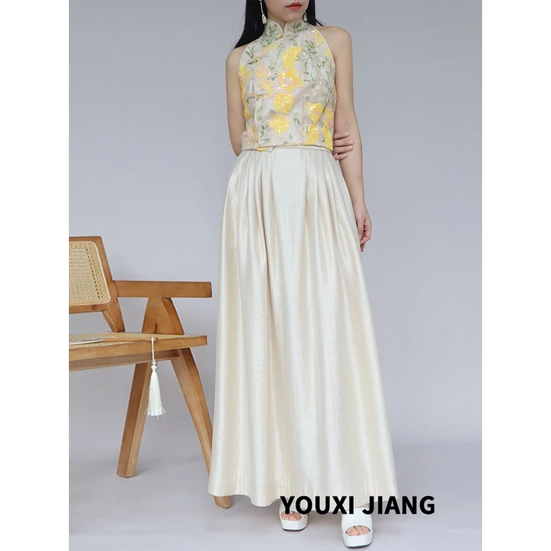 黄色复古夏季国风穿搭黄色提花图案时尚国风亮片上衣