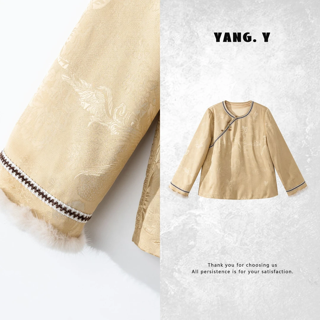 YANG.Y-【云禧之庭】深圳原创新中式女装桑蚕丝夹棉水貂毛上衣91102