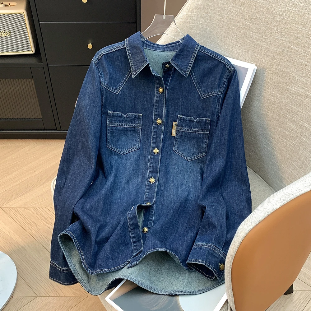 【复古】牛仔衬衣女长袖春秋百搭叠穿打底宽松休闲衬衫上衣