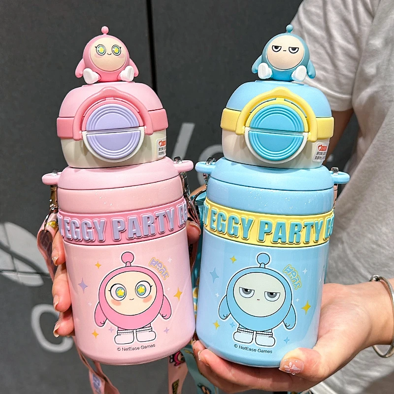 蛋仔派对吸管杯316不锈钢保温杯儿童幼儿园宝宝水壶斜挎水杯可爱