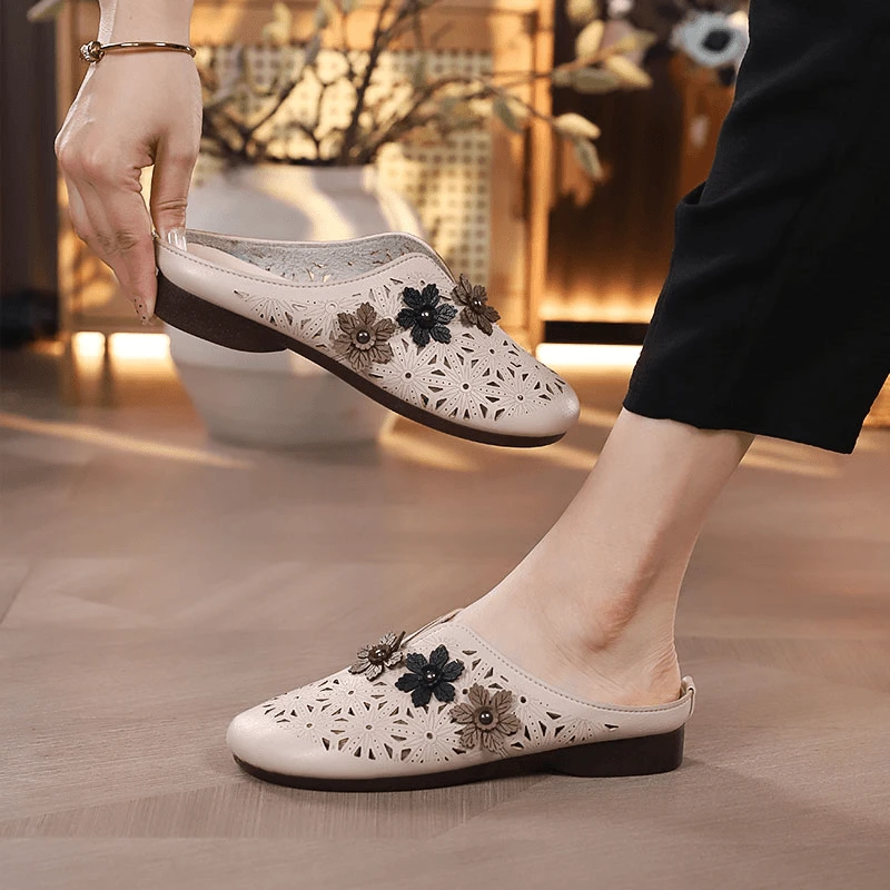 2024年新款女镂空中老年夏季舒适百搭皮鞋平底鞋软底鞋妈妈鞋