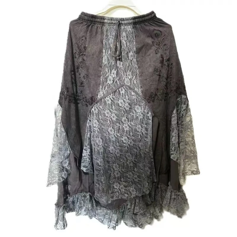 尼泊尔嬉皮废土风精灵半身裙纯棉刺绣中间蕾丝双层超仙中长裙子A1