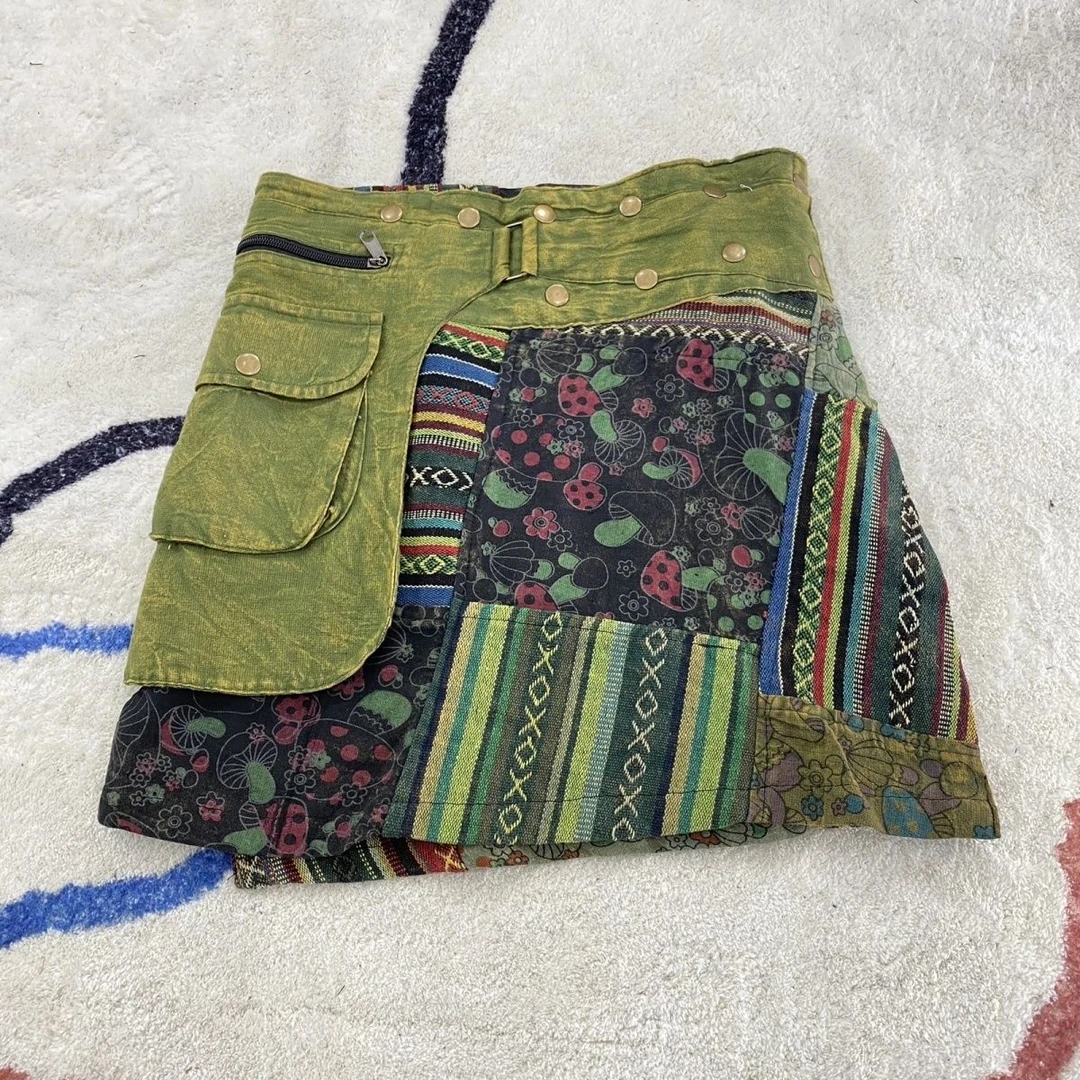 尼泊尔复古遮肉纯欲短裙带口袋手工精灵裙嬉皮废土流浪风度假个性