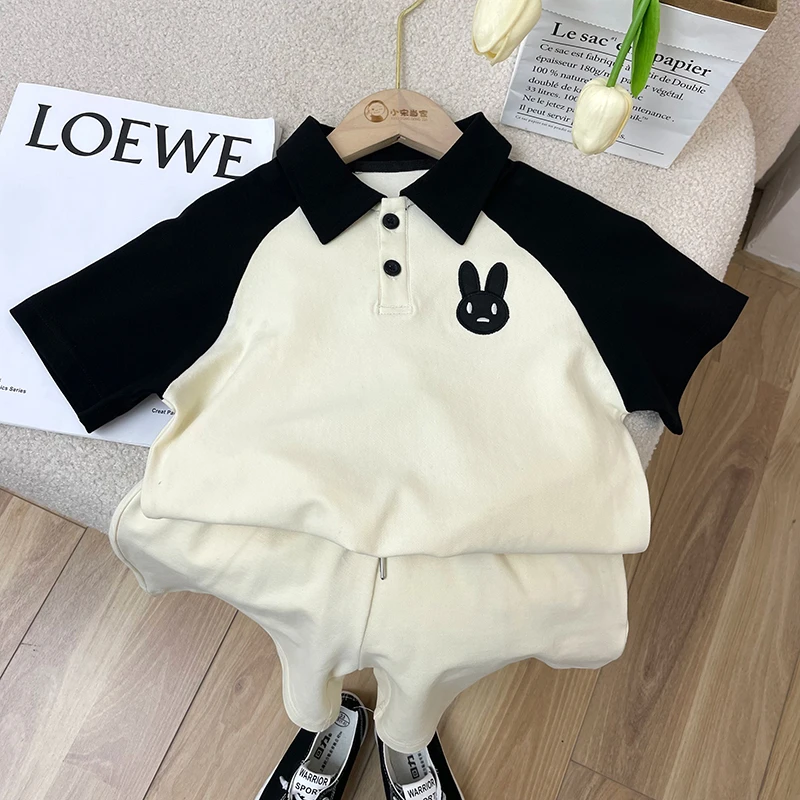 儿童夏装POLO衫套装男童夏季拼色刺绣小兔两件套宝宝夏款洋气衣服