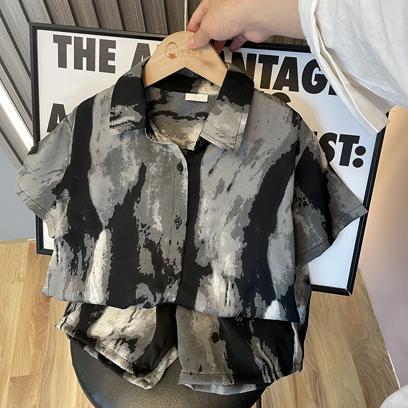 男童夏季衬衫套装2024新款儿童扎染童装男孩薄款帅气夏装