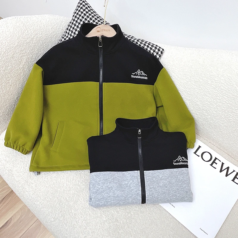 儿童春秋装开衫外套男女童春季拼色刺绣立领上衣男孩春款运动衣服