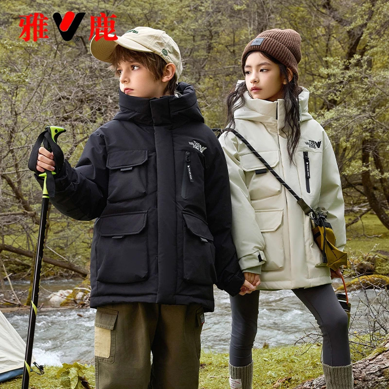 雅鹿痞帅工装儿童羽绒服男童女童中长款2024新款大童冬季加厚外套