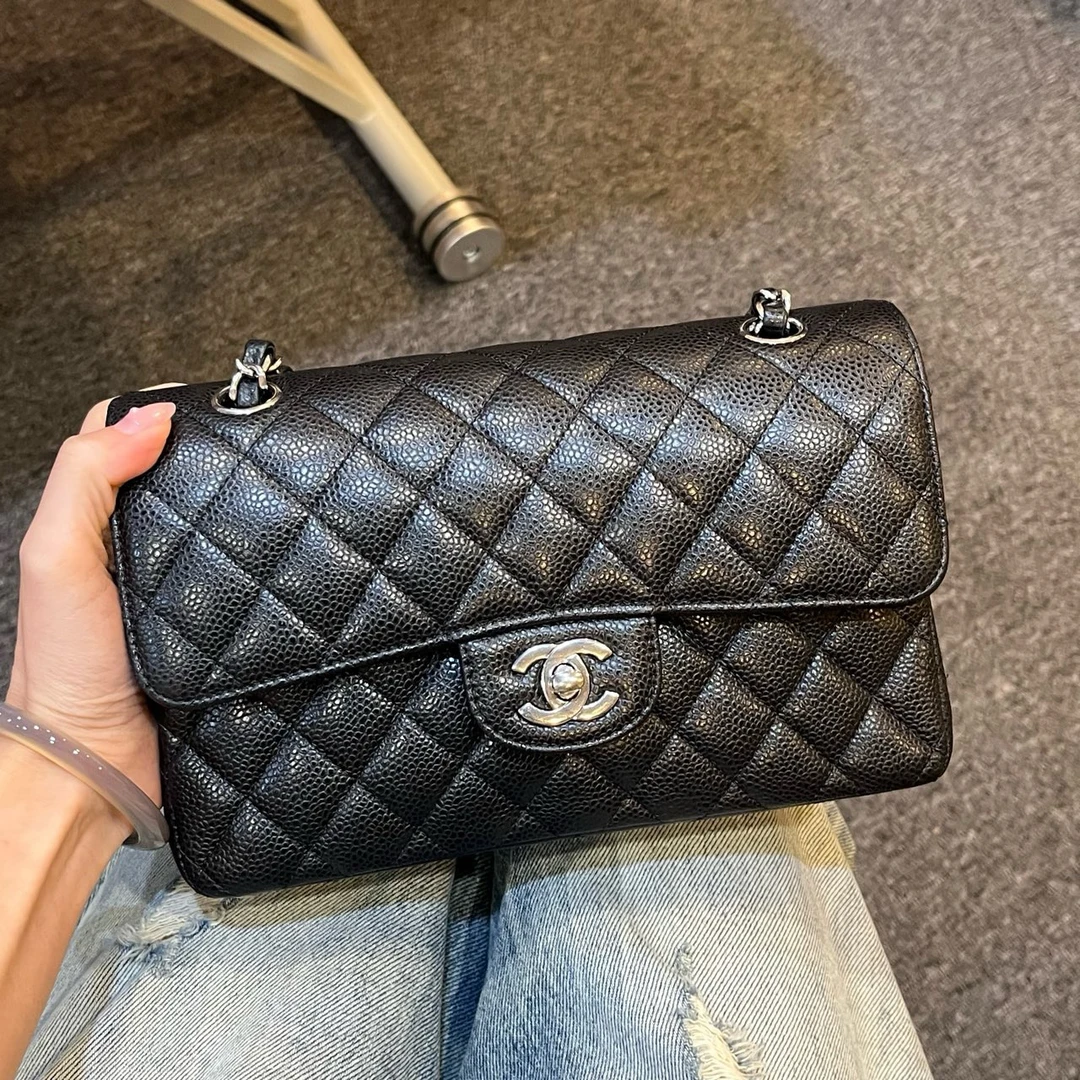 99新 Chanel/香奈儿 黑银荔枝纹CF小号链条包经典百搭斜挎包