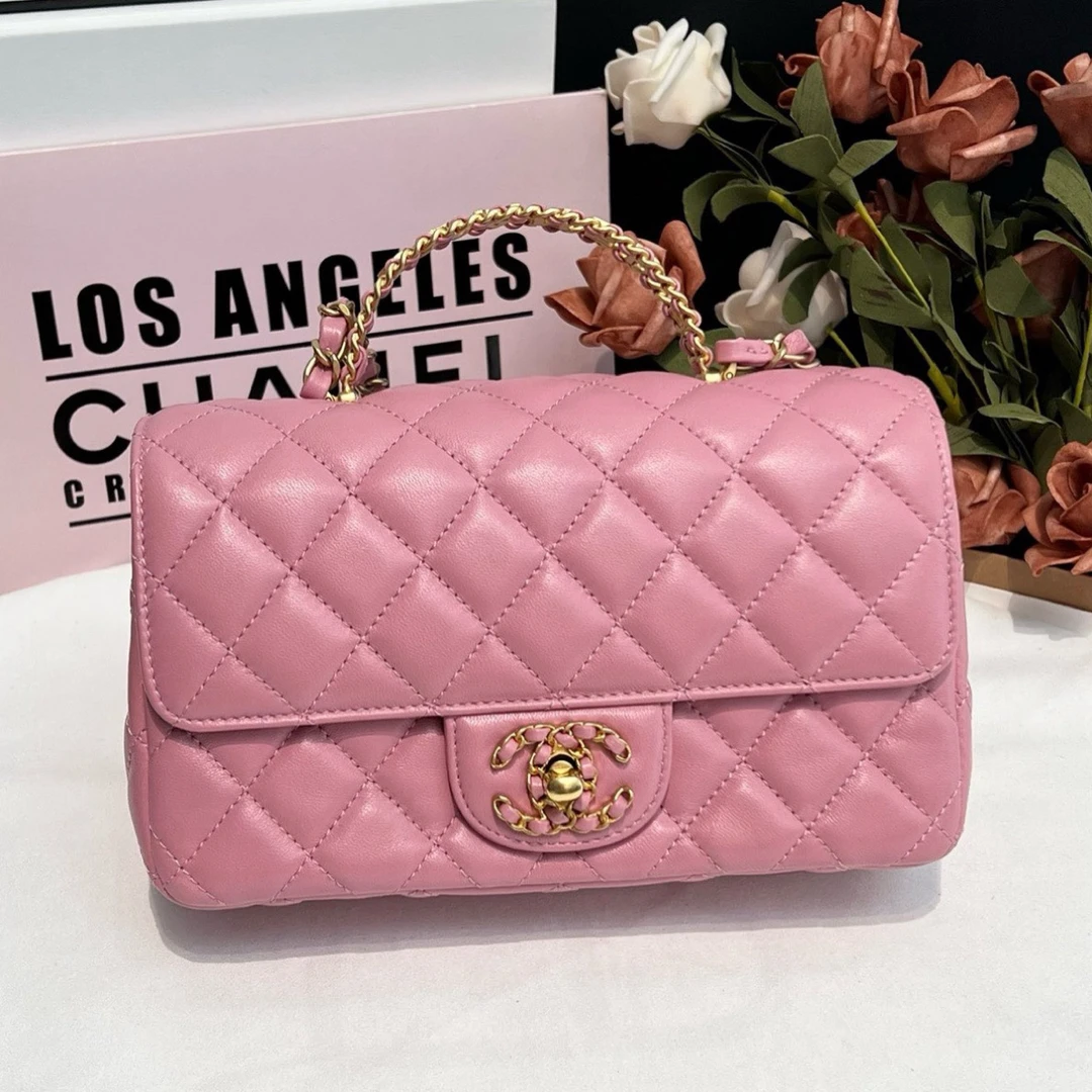 99新 Chanel/香奈儿 24C粉羊皮字母手柄cf大mini女款时尚斜挎包
