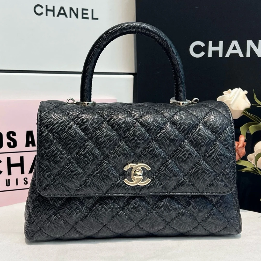 99新 Chanel/香奈儿 黑金黑/红手柄coco handle小号 气质手提包