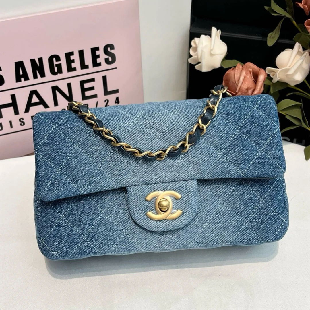99新 Chanel/香奈儿 24S丹宁金扣cf大mini牛仔百搭斜挎包