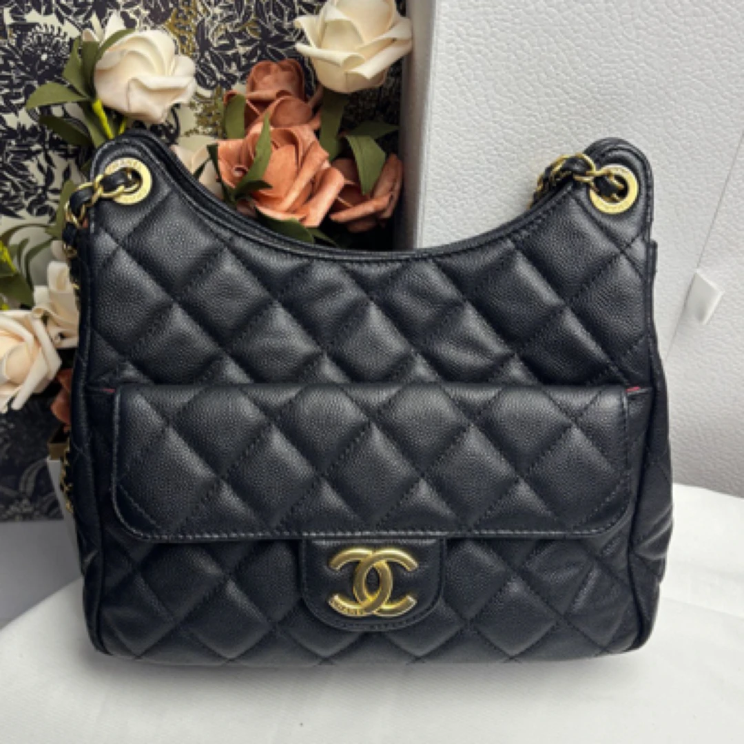 99新 Chanel/香奈儿 23P黑金荔枝牛嬉皮hobo时尚百搭气质斜挎包
