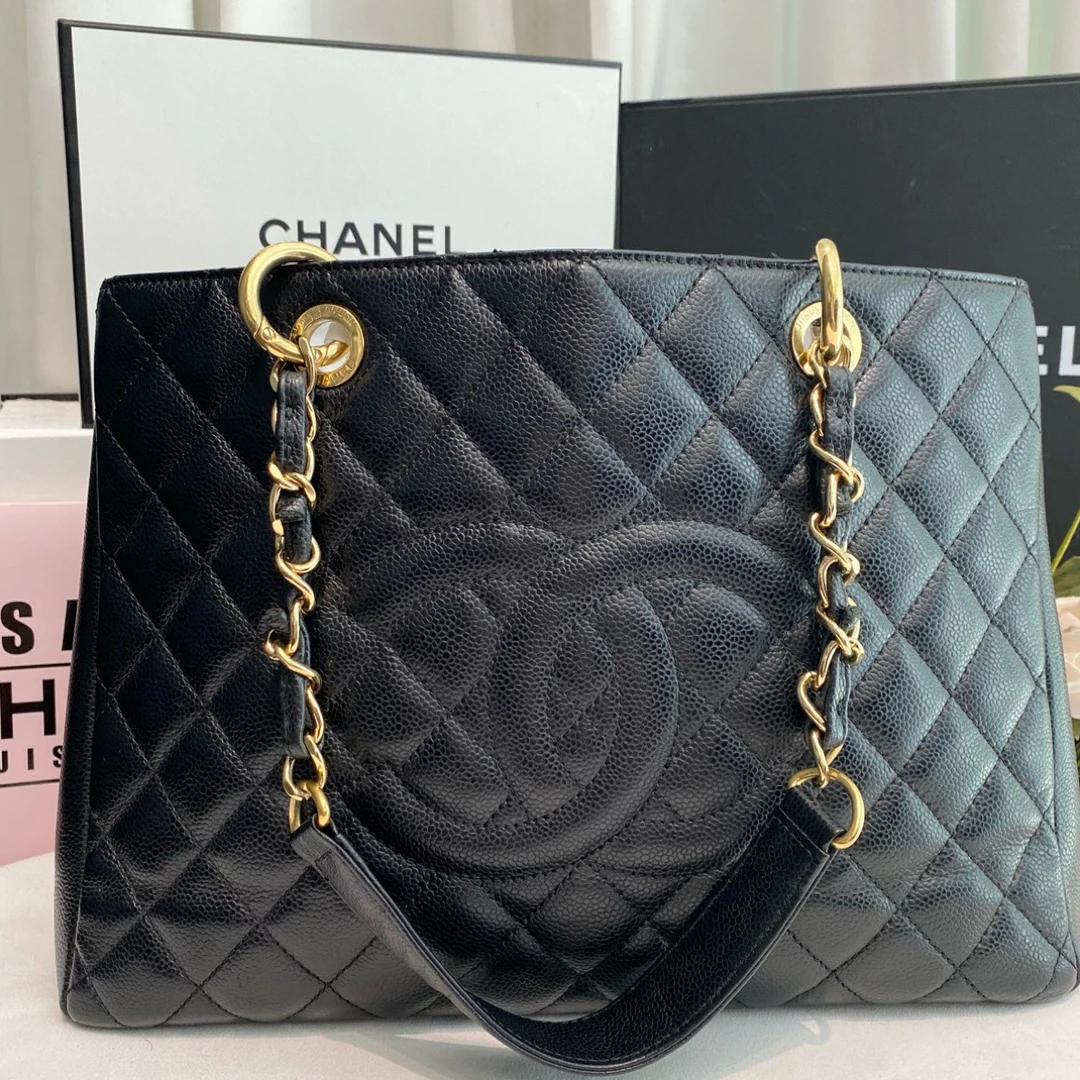 95新 Chanel/香奈儿 黑金荔枝牛纹gst 中古黑金手提包单肩包