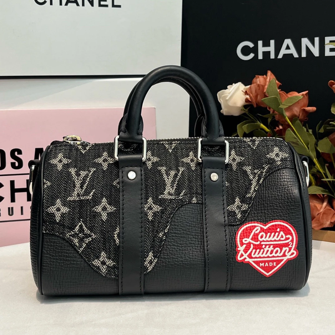 99新 LouisVuitton/路易威登 联名款黑丹宁拼皮 keepall xs经典