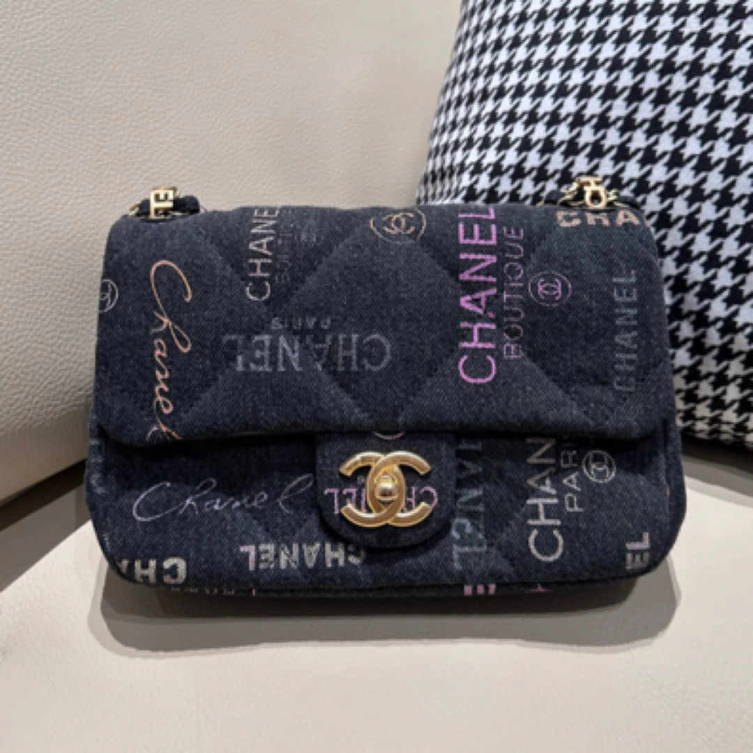 99新 Chanel/香奈儿 22P涂鸦牛仔丹宁CF口盖包时尚单肩斜挎包