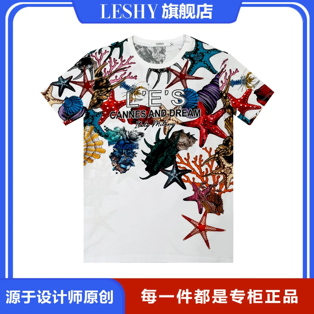 乐士男装计师百夏季简欧透气设搭数码印花圆领短袖T恤66221TH067