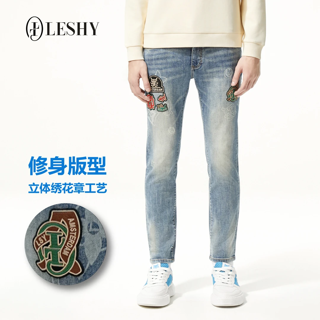 乐士男装秋冬刺绣潮流文设计水洗修身牛仔长裤66243S2053