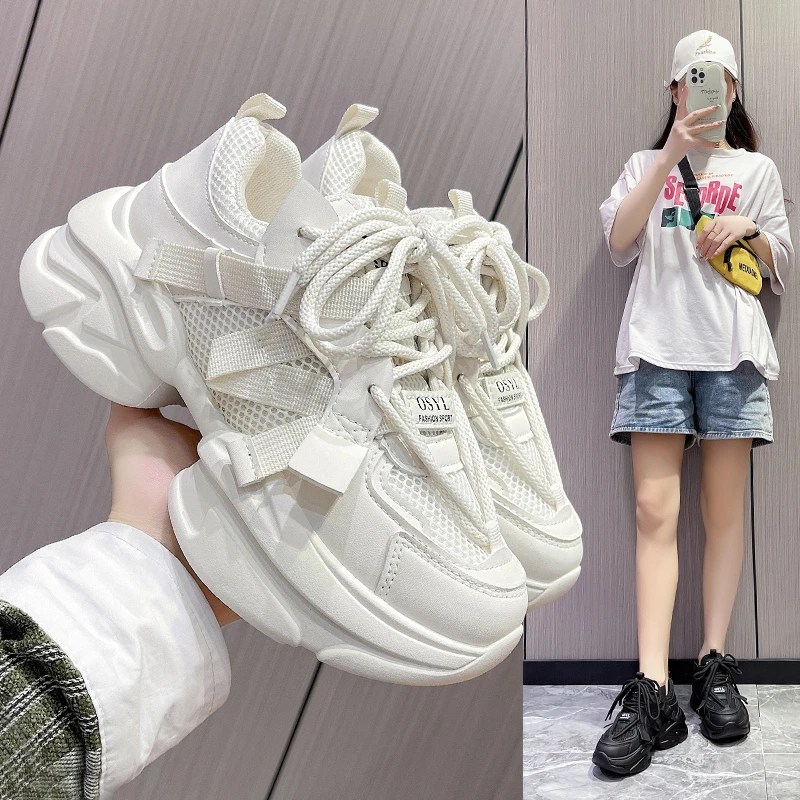 韩版网面真皮老爹鞋2023春秋小个子新款厚底休闲鞋增高休闲运动鞋