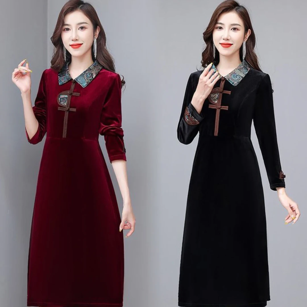 2024年秋季新款中年妈妈装国风显瘦遮肚大码洋气过膝中长款连衣裙