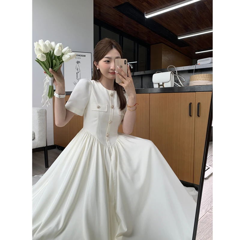 中长款大摆连衣裙女2023年春夏季新款收腰显瘦法式小众气质裙子