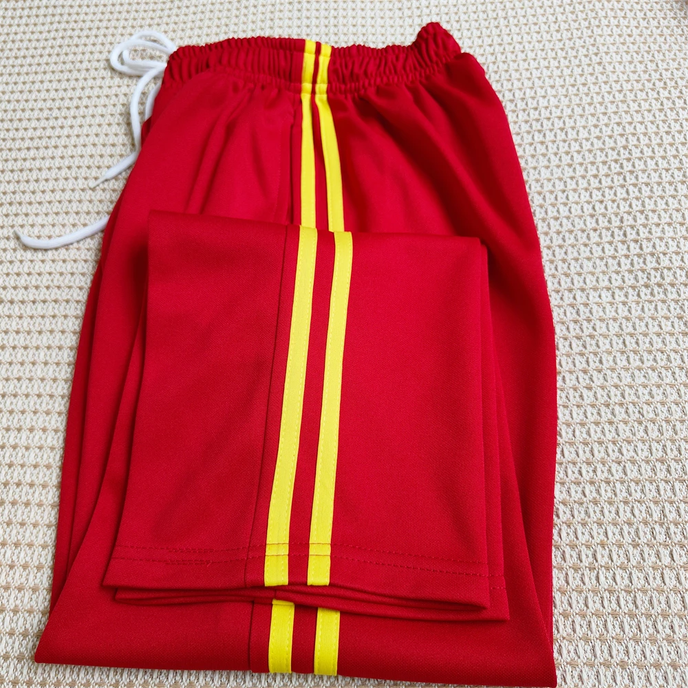 红色双黄条校服裤子一道两道杠男女生加肥加大宽松直筒运动裤校裤