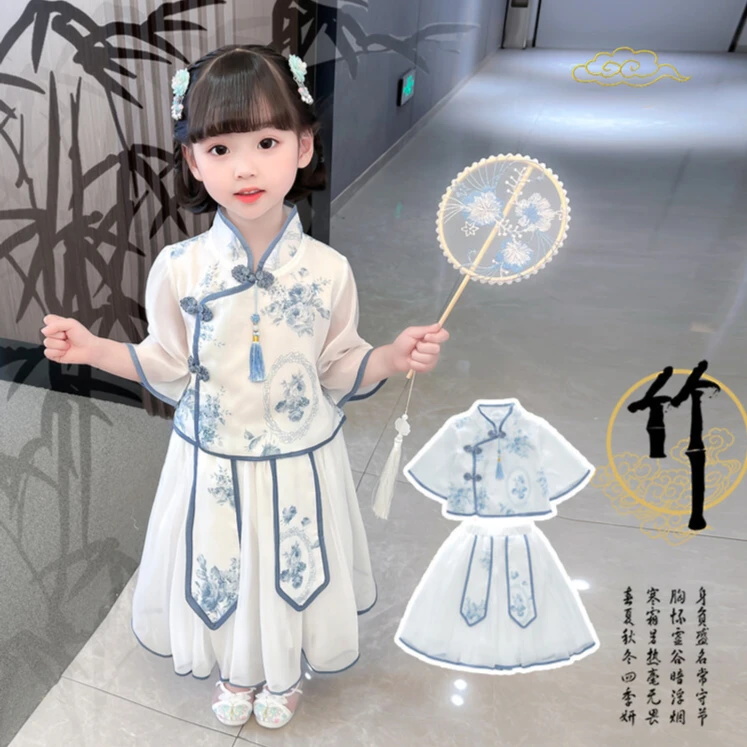 六一表演服女童夏季唐装古装夏季套装中国风两件套女童