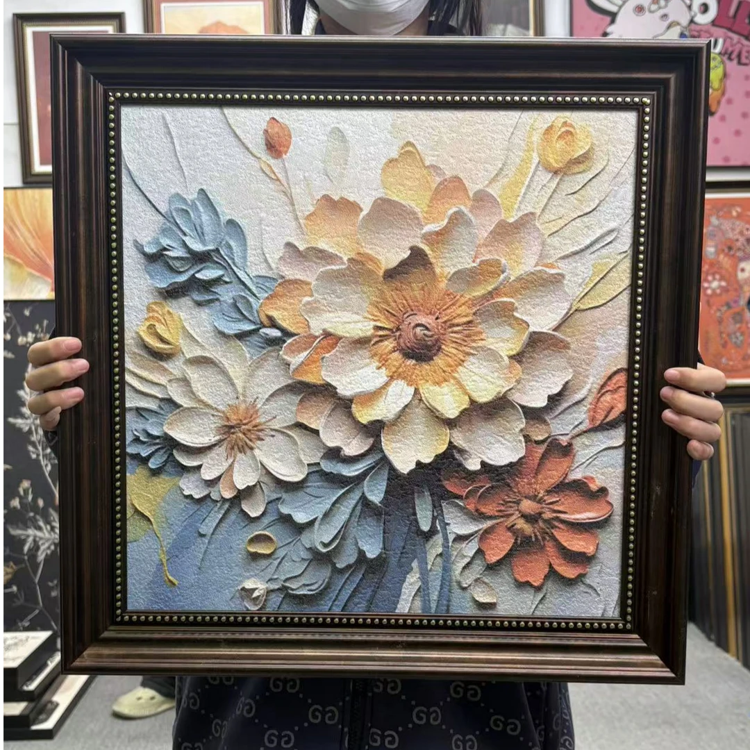 大芬村油画奶油风餐厅装饰画正方形客厅挂画抽象花卉餐桌卧室5050