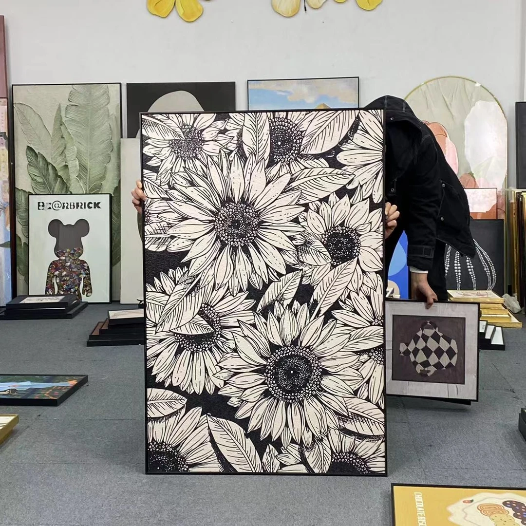 现代向日葵装饰画小众个性时尚黑白灰客厅背景墙挂画玄关80120