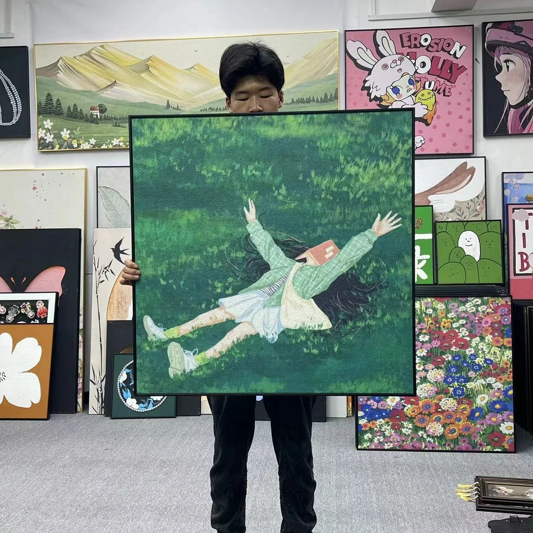 客厅玄关挂画样板间卧室装饰画现代北欧风小众绿色草地壁画8080