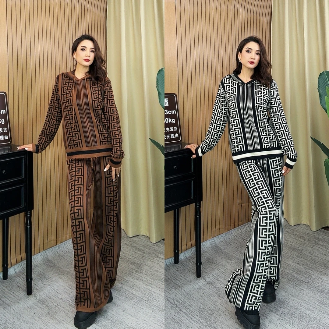 热美定制~气质条纹针织套装女2024秋冬欧美连帽毛衣阔腿裤两件套