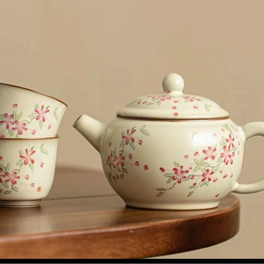 桃枝花铁胎汝窑茶具(茶壶+主人杯+两客杯S86033+S86032*2+S86031