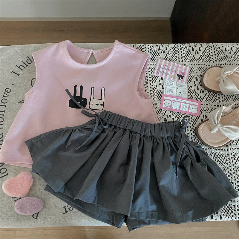 韩版童装2024新款夏季女童卡通无袖背心女宝宝裙裤两件套24137