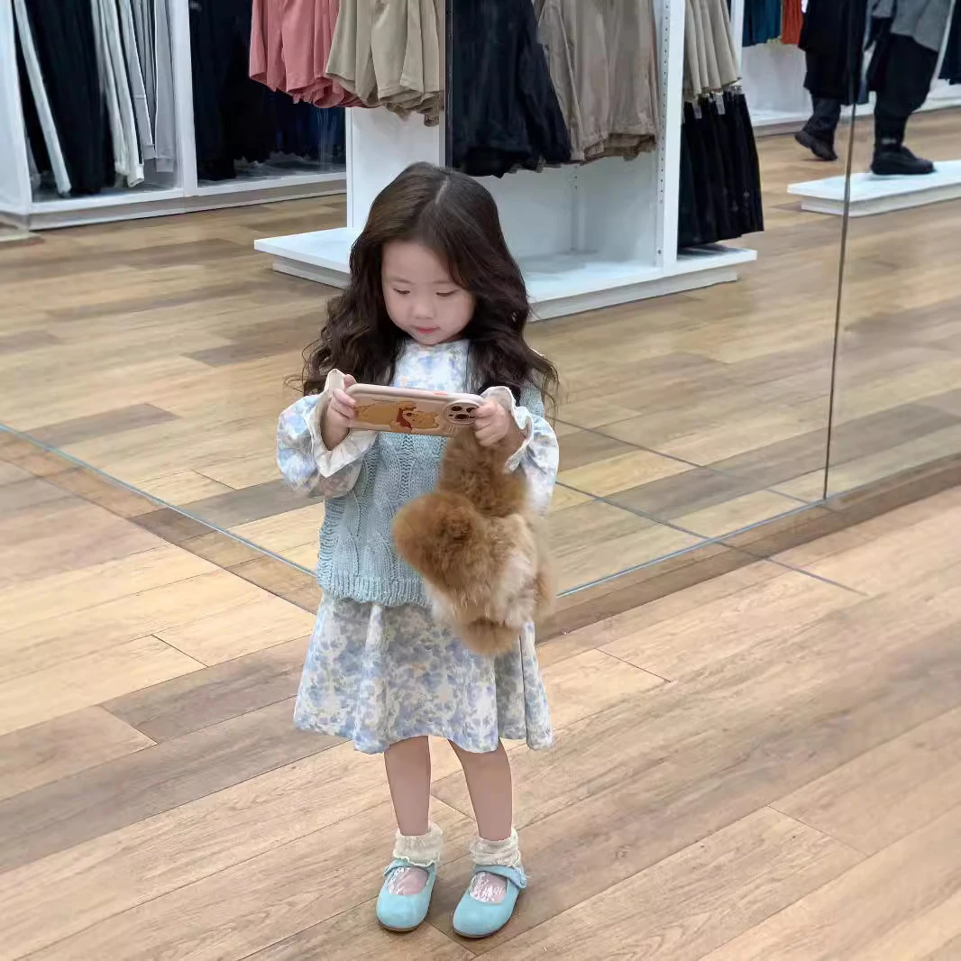 韩版童装2024秋季新款女童翻领碎花长袖连衣裙套装背心23306