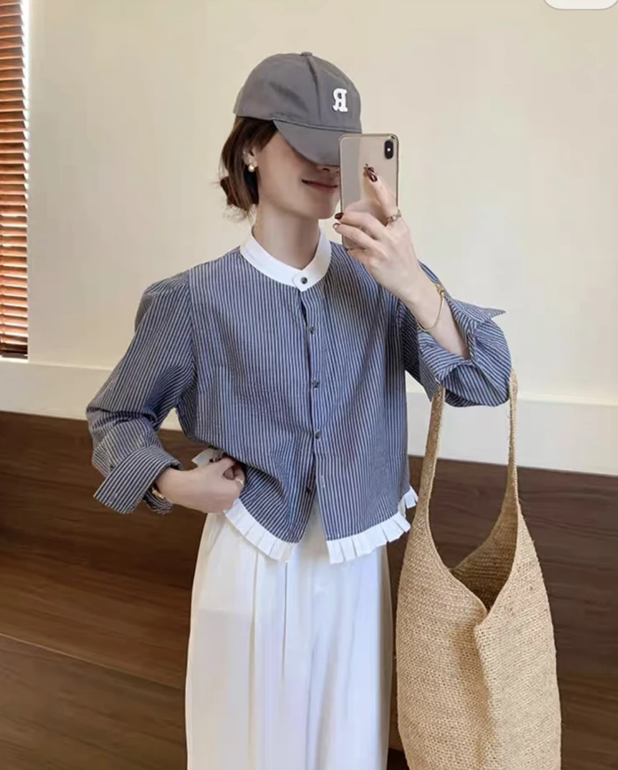 花边拼接条纹撞色小衫圆领短款衬衣甜美