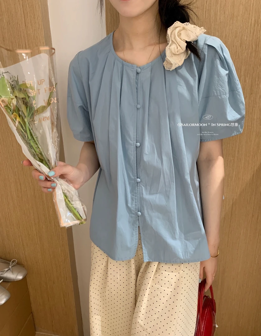 宽松百褶包扣衬衫夏季气质