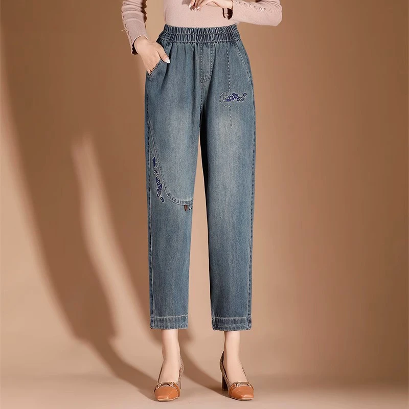 中老年高腰哈伦牛仔裤女士秋季新款小个子妈妈大码宽松显瘦萝卜裤