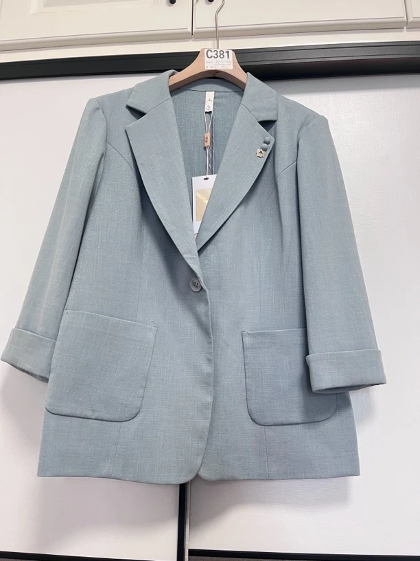 韩版春秋小西装外套女短款显瘦七分袖休闲西服上衣气质蓝色时尚