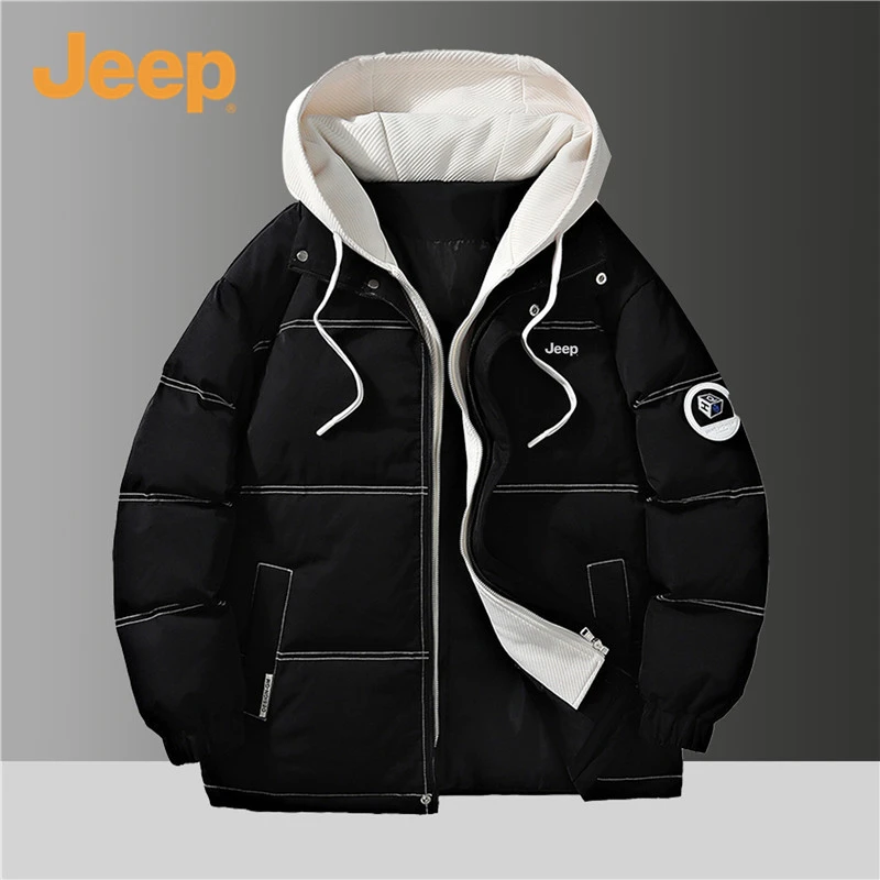 Jeep吉普假两件外套男士棉衣秋冬季加厚保暖学生棉袄韩版连帽棉服