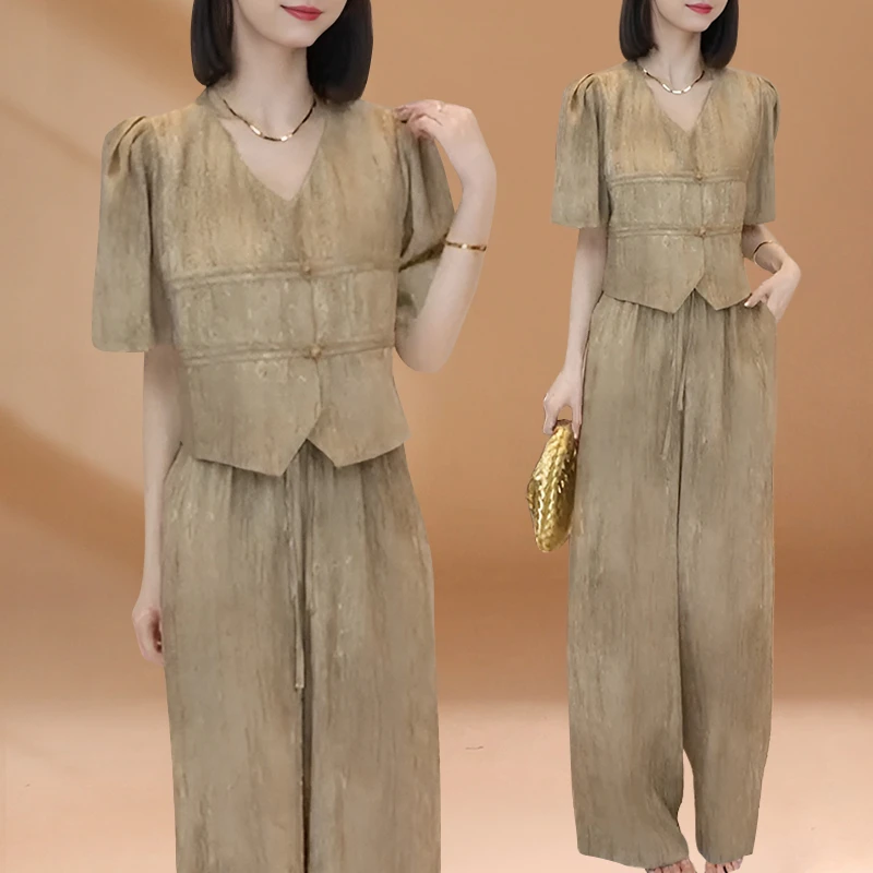 时尚减龄高级感女装短袖上衣阔腿裤套装女女款短袖衬衫阔腿裤套装