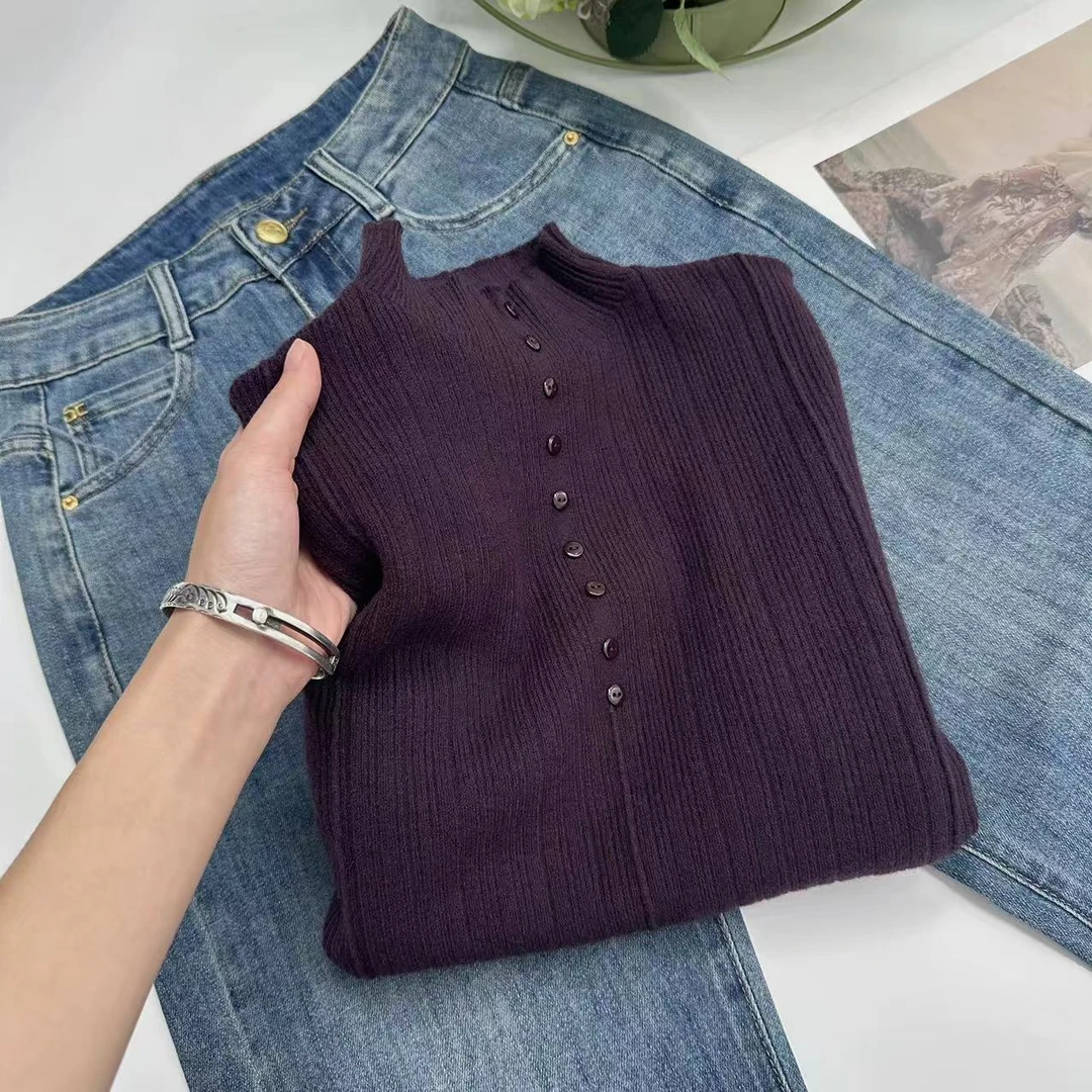 飞飞家 秋季复古设计感纯色针织衫Y5255紫