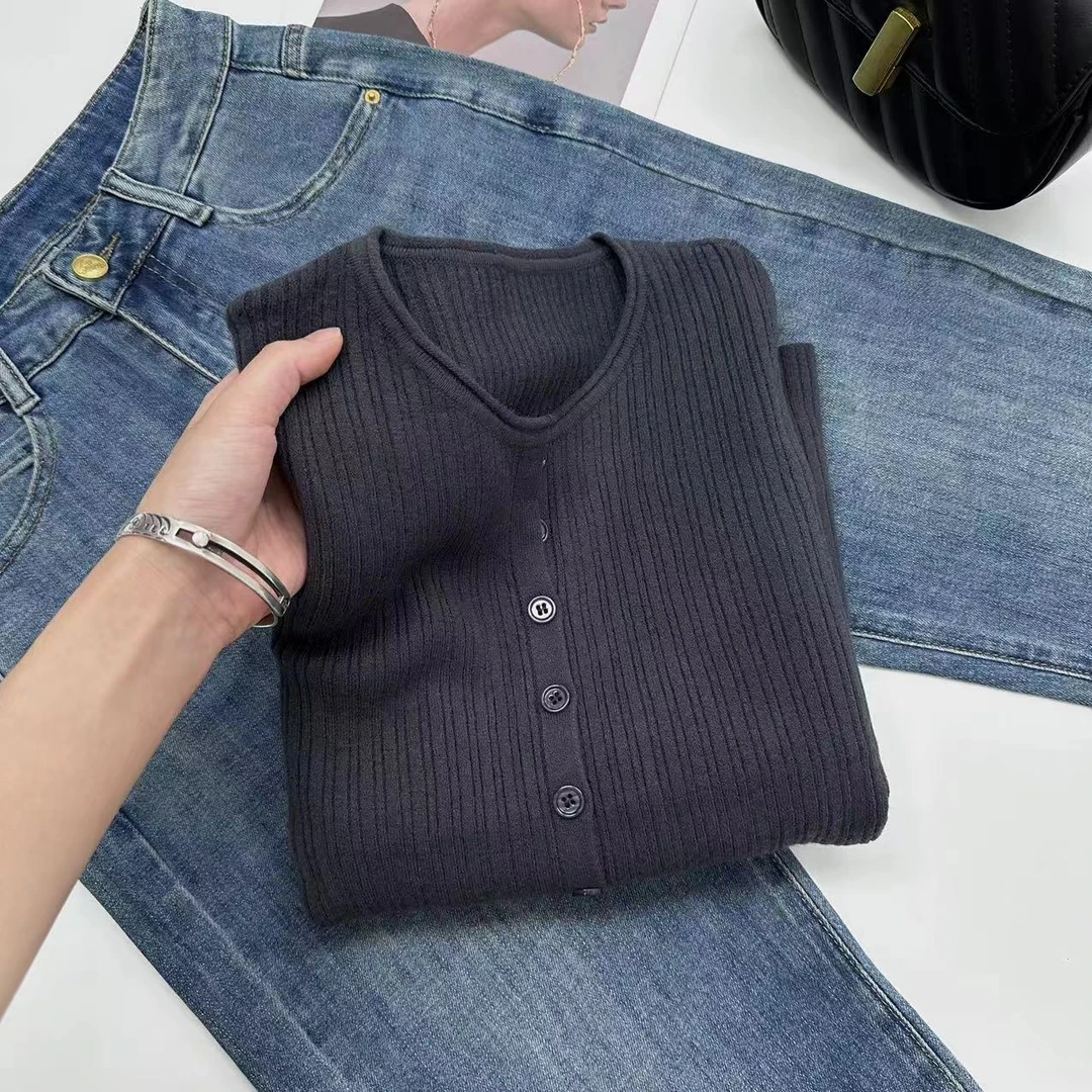 飞飞家 秋季韩版纯色修身开衫针织衫Y5152深灰
