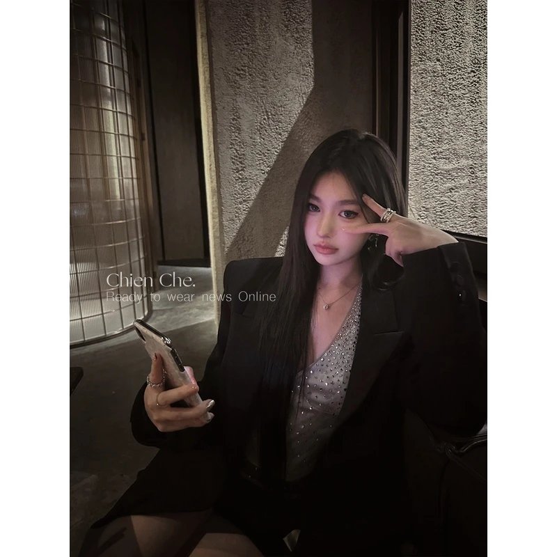 车迟恩Chien 休闲长袖西服高级感垫肩廓形修身气质黑色西装外套女