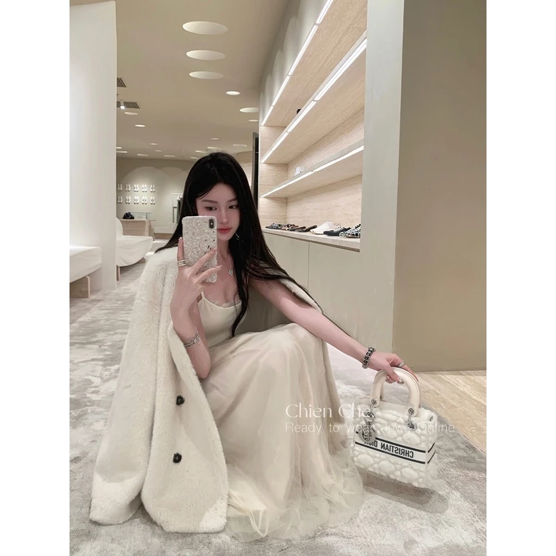 车迟恩Chien 秋冬法式针织网纱连衣裙女显瘦吊带打底长裙 C230476
