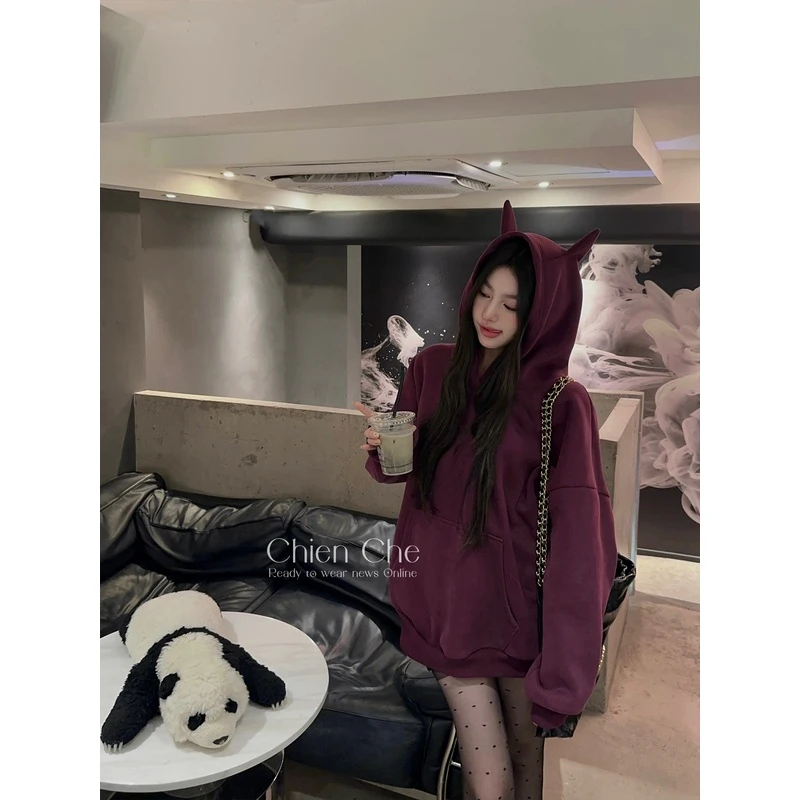 车迟恩Chien 小恶魔冬季长袖加厚上衣宽松复合加绒紫色连帽卫衣女