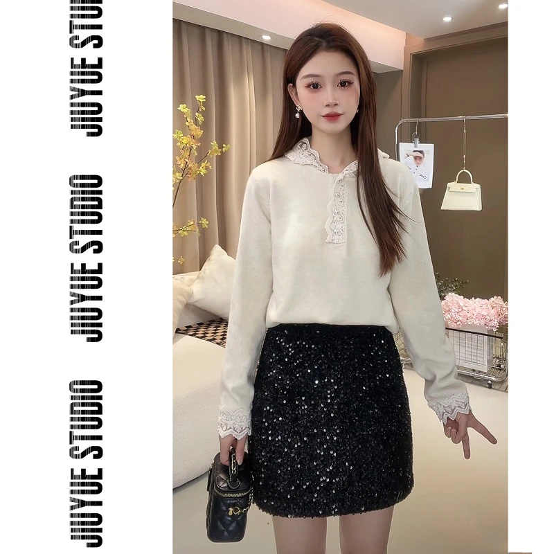 【玖月服饰】秋冬新款精致气质蕾丝拼接连帽软糯长袖针织毛衣Z6910