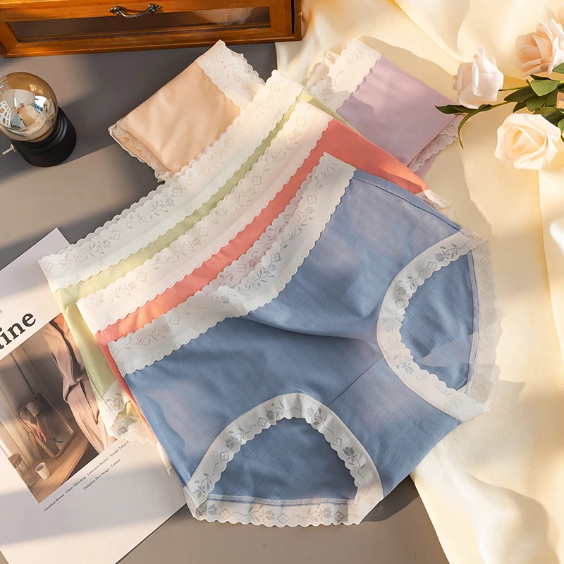 多条装 中腰女士内裤木代尔面料柔软舒适棉感蕾丝边少女三角裤